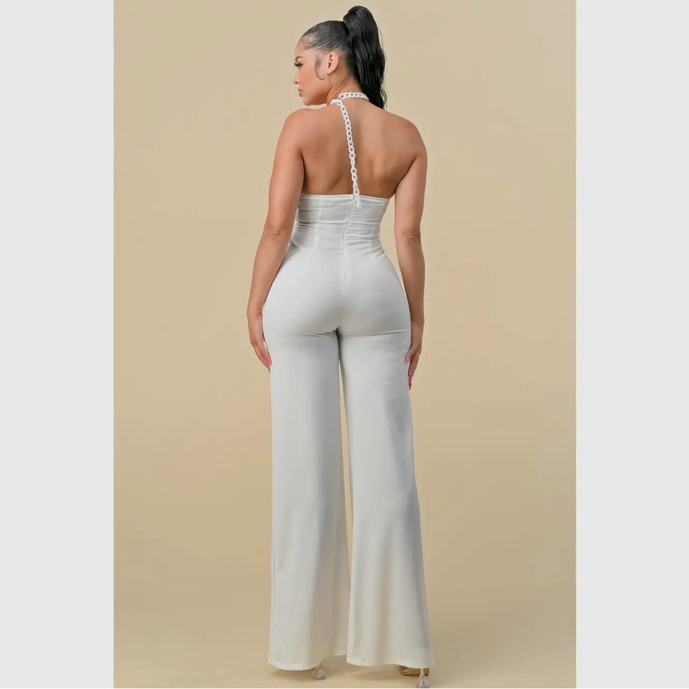 Halterneck Ribbon Detail Chain Trim Jumpsuit - Picture 2 of 6